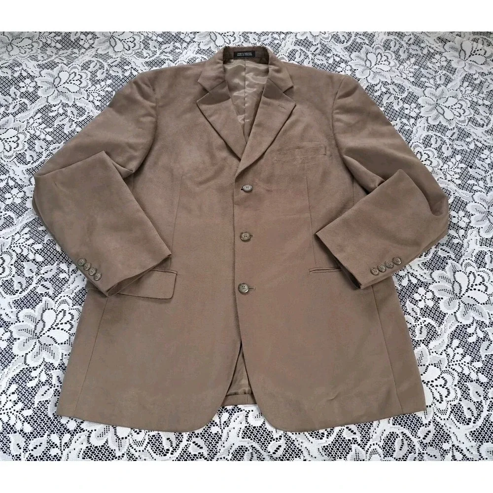 Stafford Sport Coat 42L Brown Faux Suede Blazer‎ Three Button Micro Polyester